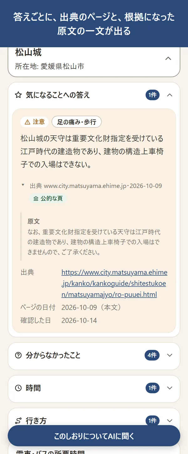答えごとに、出典のページと、根拠になった原文の一文が出る